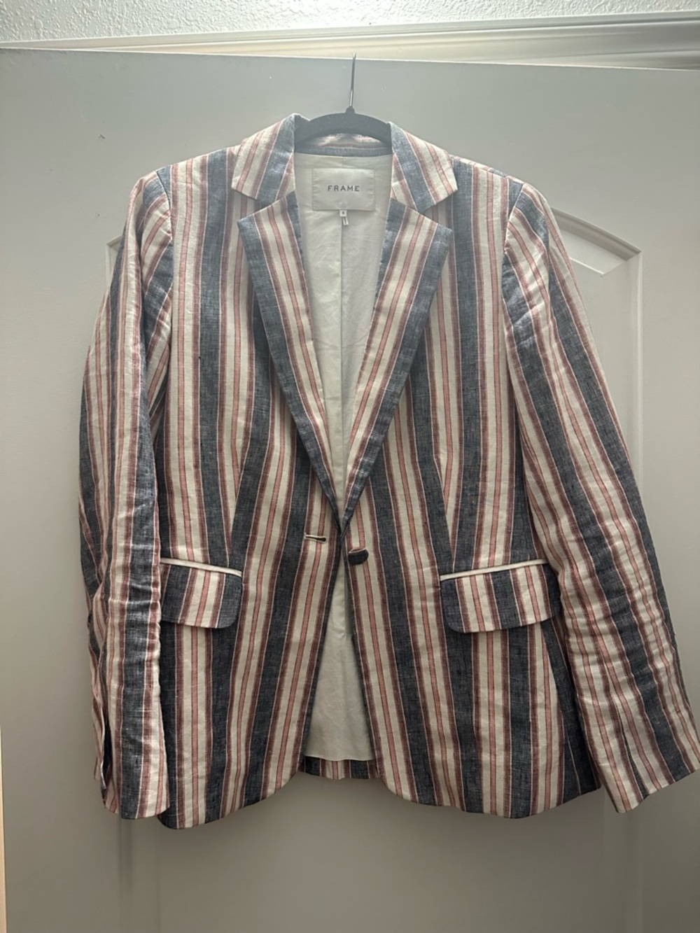 Frame Denim Women’s Striped Linen Blazer in Navy, White, & Red